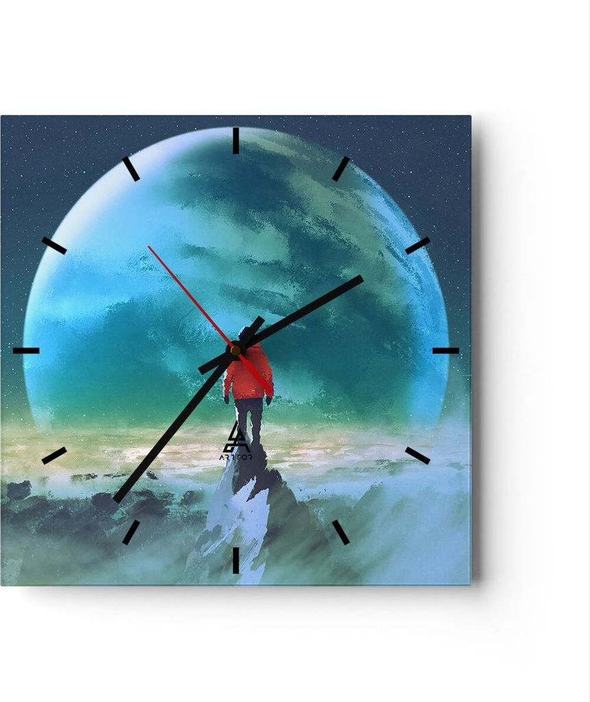 Wanduhr - Quadrat - Glasuhr - Mann Planet - 40x40cm - Schleichendes Uhrwerk - Lautlos - zum Aufhängen bereit - Dekoration Modern - Wanddekoration ...