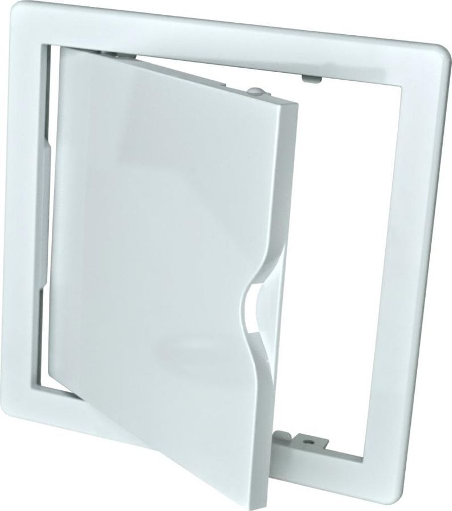 A white plastic inspection door with a hinged flap is shown against a white background. The flap is partially open, revealing the interior mechanism.