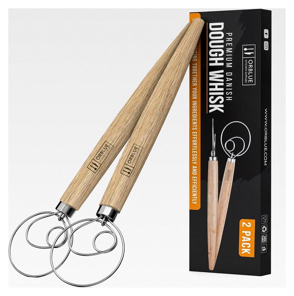 Dänisches Teigbesen 2er-Set – Teigrührer mit Edelstahlring und Holzgriff, 33 cm – Backzubehör für Brotteig, Pizzateig und Gebäck