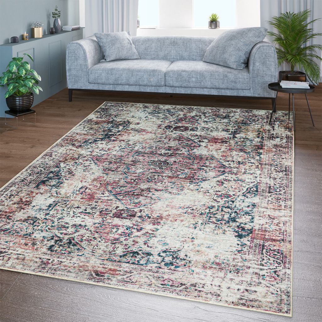 TT Home Wohnzimmer Teppich Flachgewebe Marokkanisch Design Used Look Ornamente Waschbar Größe 60x100 cm