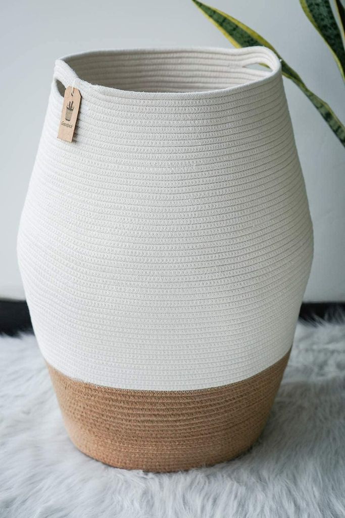 Großer Rattan-Wäschekorb mit weichem Baumwollseil - Bauernhaus-Design 65 cm hoch