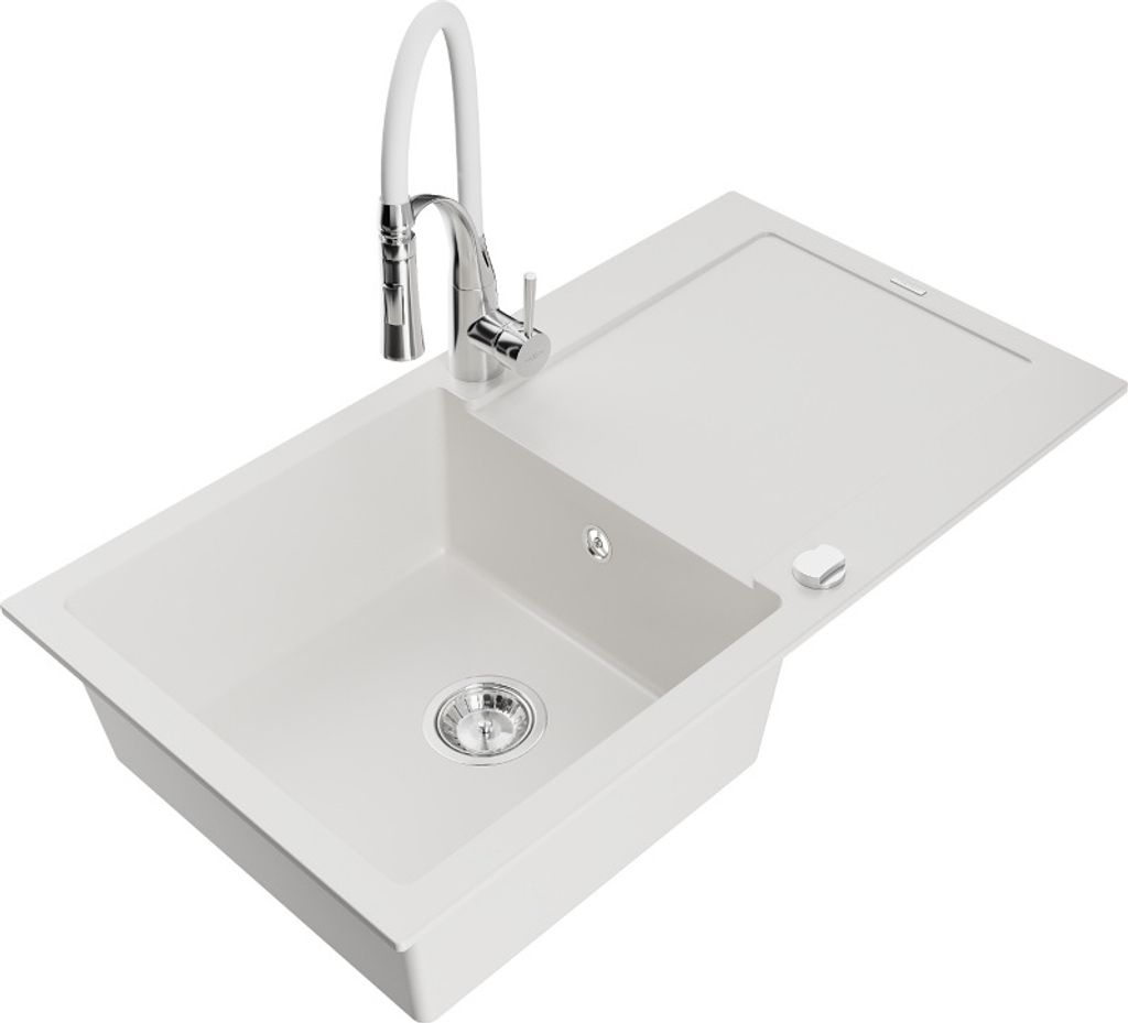Mexen Leo 1 Becken-Granitspüle mit Abtropffläche und Mischbatterie Aster, Weiß - 6501-20-73450-02