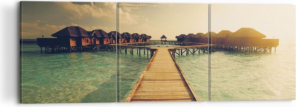 Bild auf Leinwand - Leinwandbild - 3 Teile - Malediven Ferienhäuser Wasser - 120x40cm - Wand Bild - Wanddeko - Wandbilder - Leinwanddruck - Bilder...