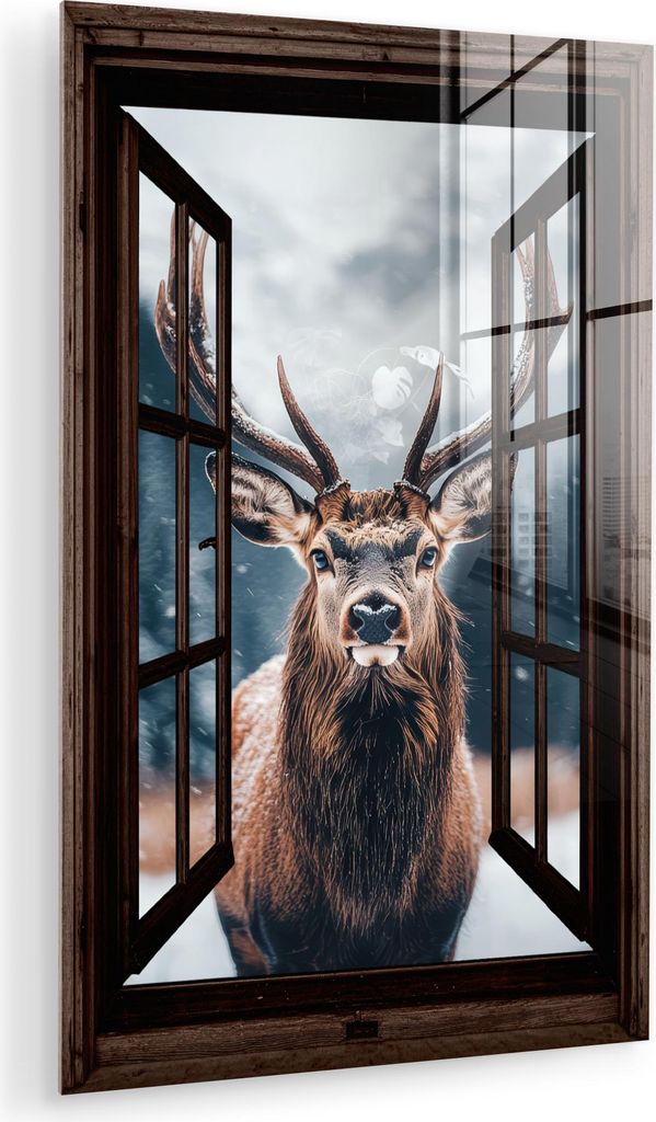 MuchoWow Glasbilder - Bilder auf Wandbild - Foto auf Glas Durchsichtig - Hirsche - Tiere - Landschaft - Winter - Schnee - Ländlich 40x60 cm Wandde...