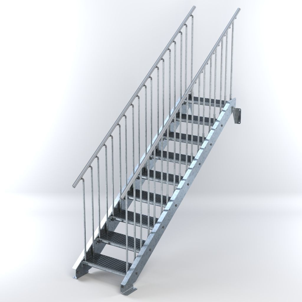 Stahltreppe 9 Stufen bis Höhe 180 cm, Laufbreite : 60 cm beidseitiges Geländer ST 3 (31 / 9 mm schmal)