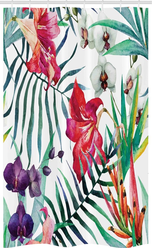 ABAKUHAUS Bunt Schmaler Duschvorhang, tropische Orchideen, Badezimmer Deko Set aus Stoff mit Haken, 120 x 180 cm, Mehrfarbig