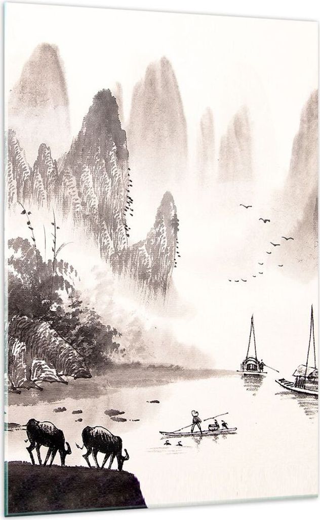 Bilder auf glas - Einteilig - Chinesisch Landschaft Aquarell - 70x100cm - Glasbilder - Wandbilder - Bilder - Wanddekoration aus Glas - Glas Bilder ...