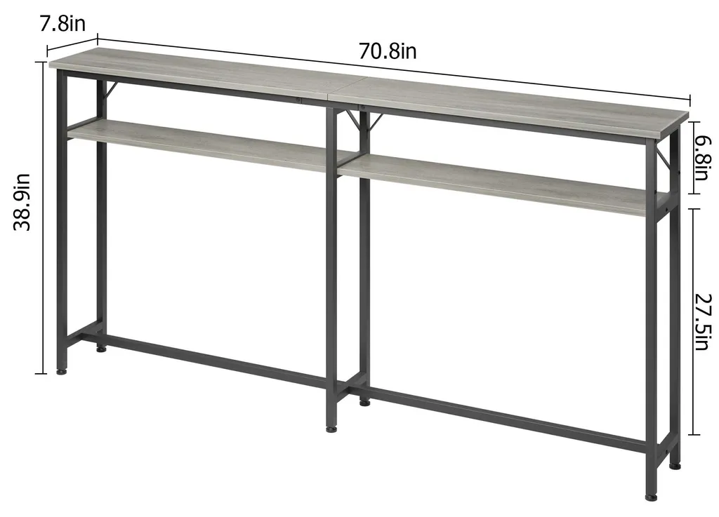 Console étroite 180 cm grise pour salon - Table de rangement bi-niveau - 6