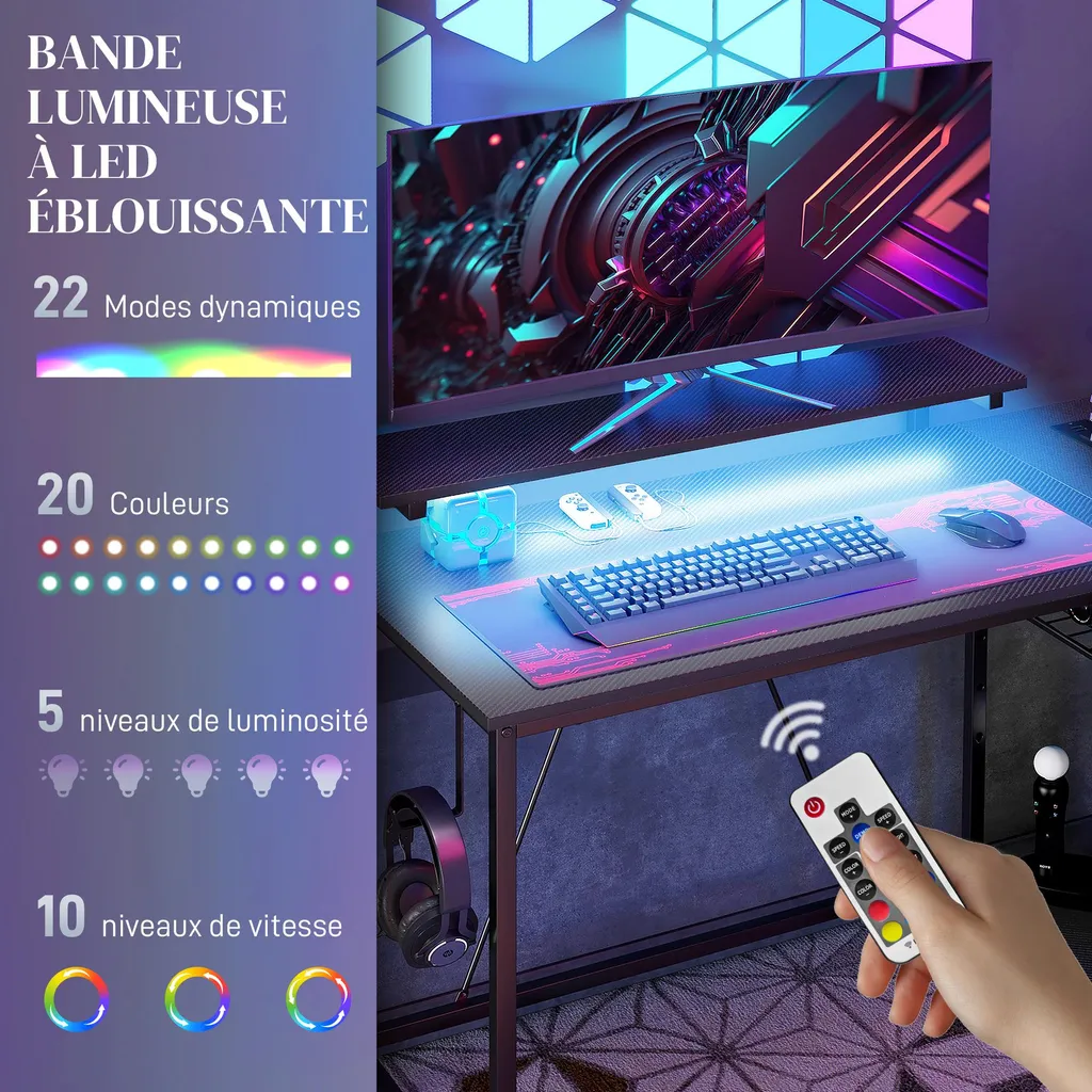 Bureau d'angle réversible HOMCOM avec LED et support d'écran noir