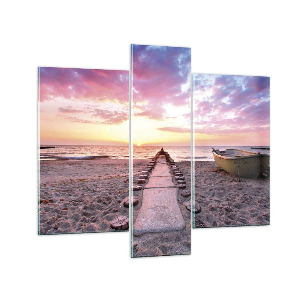 Bilder auf glas - 3 Teile - Boot Strand Himmel - 95x80cm - Glasbilder - Wandbilder - Bilder - zum Aufhängen bereit - Wanddekoration aus Glas - Gla...