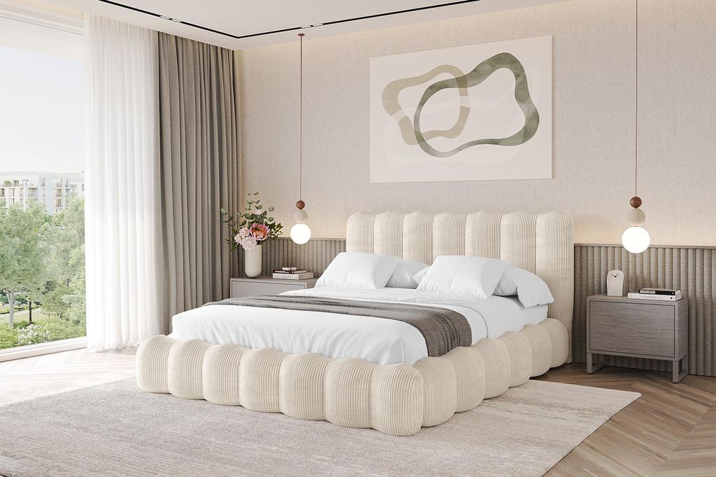 ALTDECOR Polsterbett mit Bettkasten - SORA 160x200 Beige Bett mit Matratze H3/H4, Kopfteil und Fußteil, Boxbett, Doppelbett mit Stauraum