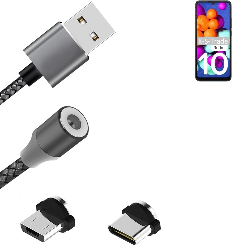 K-S-Trade Hochwertiges Magnet-Lade-kabel Sync-Kabel Daten-Kabel für Xiaomi Redmi 10 India mit USB-Typ-C-Anschluss und Micro-USB-Anschluss 2A bis zu