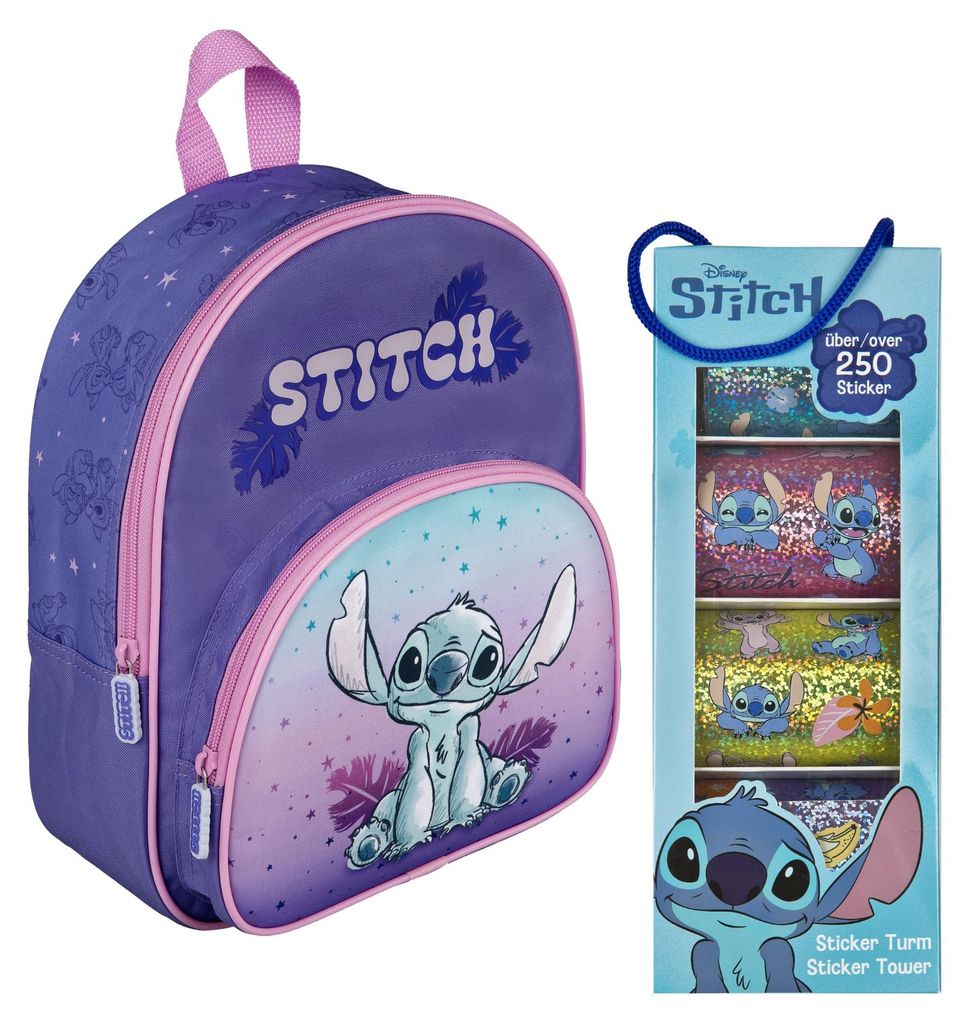Geschenkset Disney Stitch Kindergarten Kita, Kinderrucksack mit Stickerturm, Mädchen Freizeitrucksack Sticker