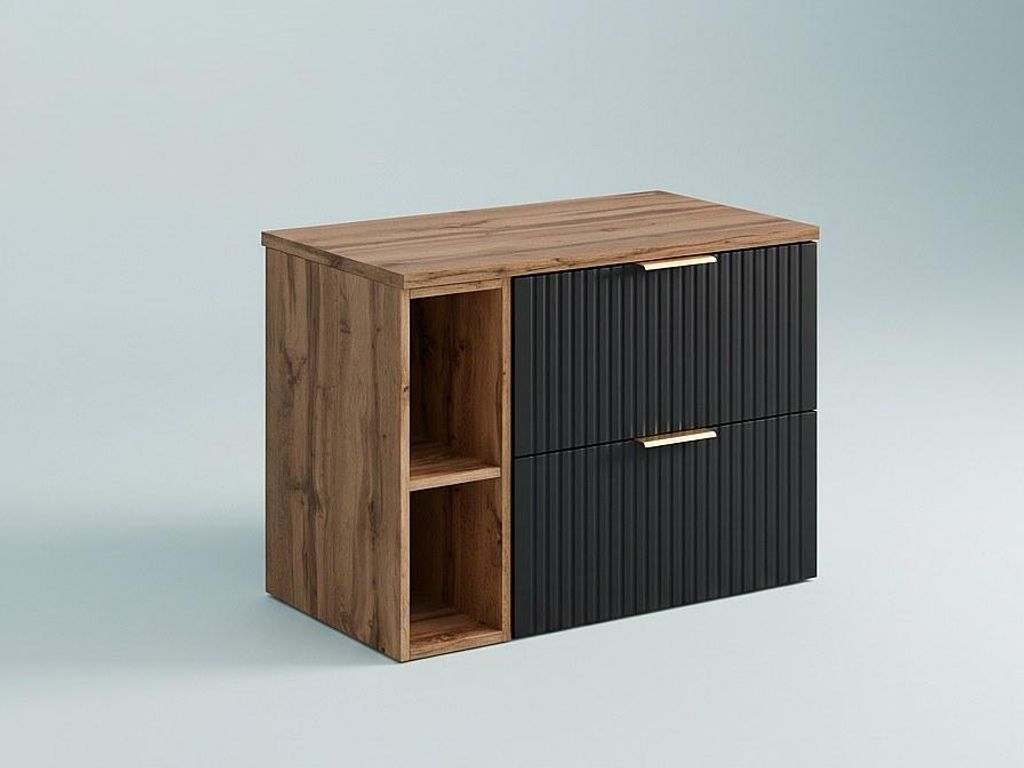 Rillenförmiger Wand-Waschtischunterschrank mit Nischen - Schwarz und natürliches Licht - 80 cm breit - ZEVARA