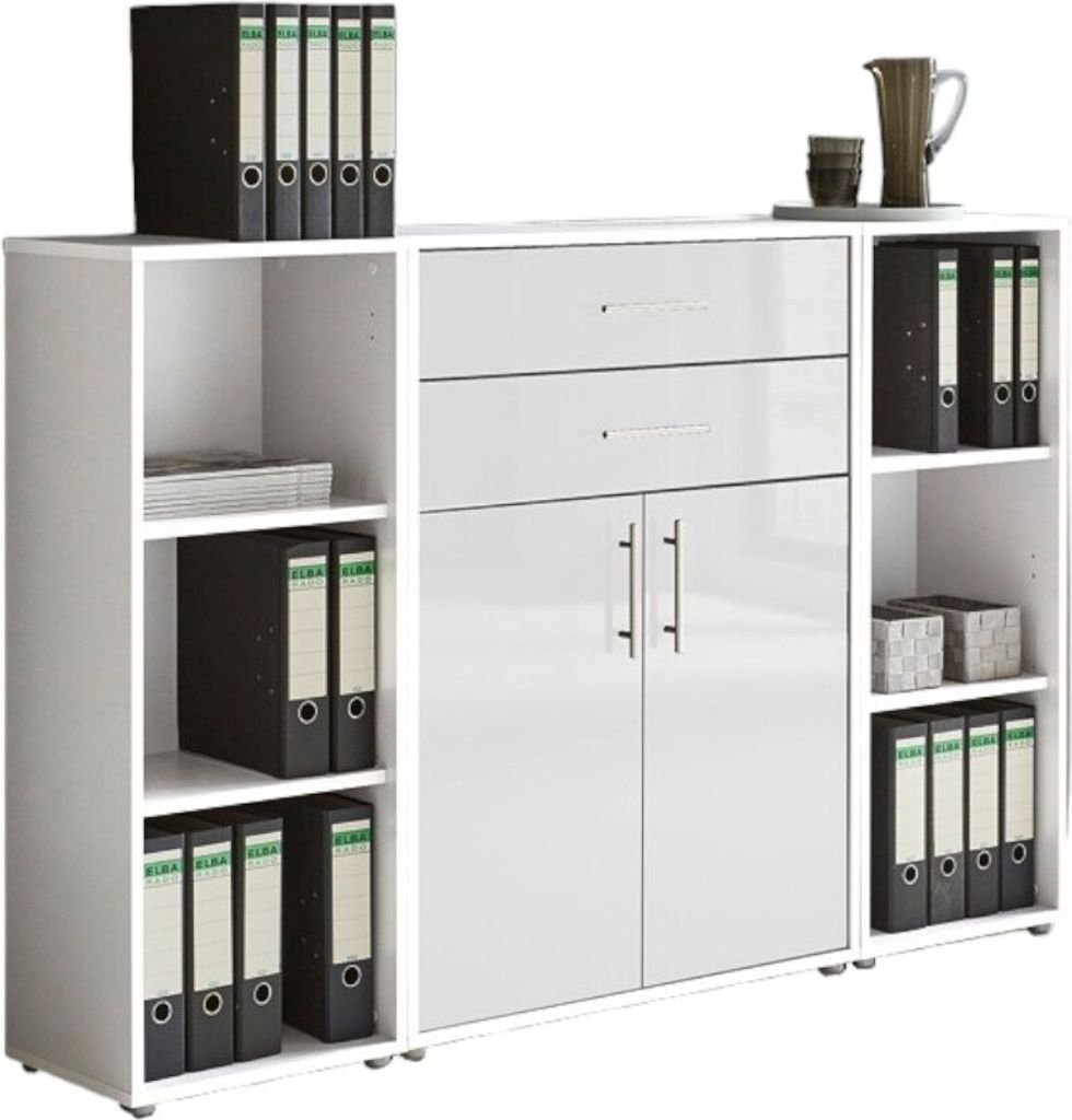 Aktenschrank TABOR 13 in weiß / weiß Hochglanz, Schrankwand, Büroschrank, abschließbar, Metallgriffe