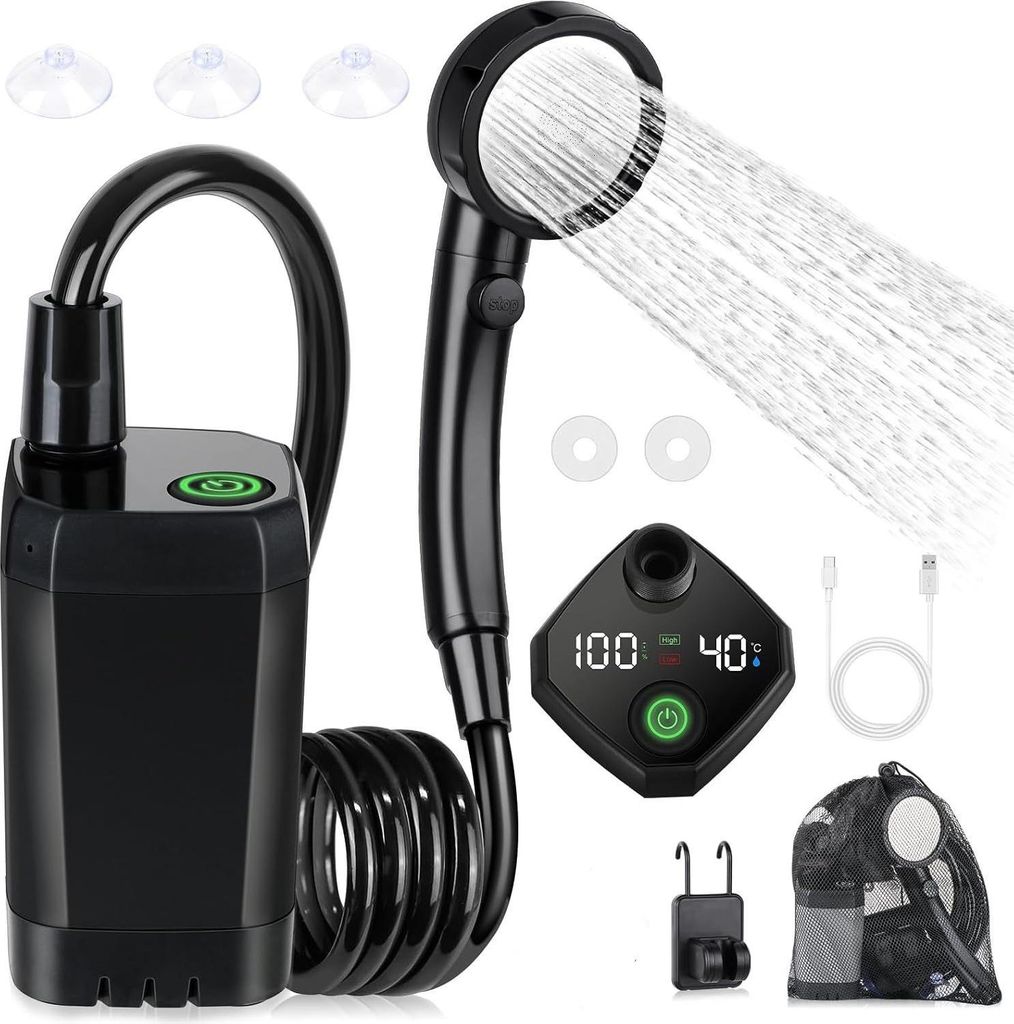Camping-Duschset, tragbare Dusche, wiederaufladbare elektrische Duschpumpe, wasserdicht, mit Smart-Display und 4-Modi-Duschkopf fš¹r Outdoor, Cam...