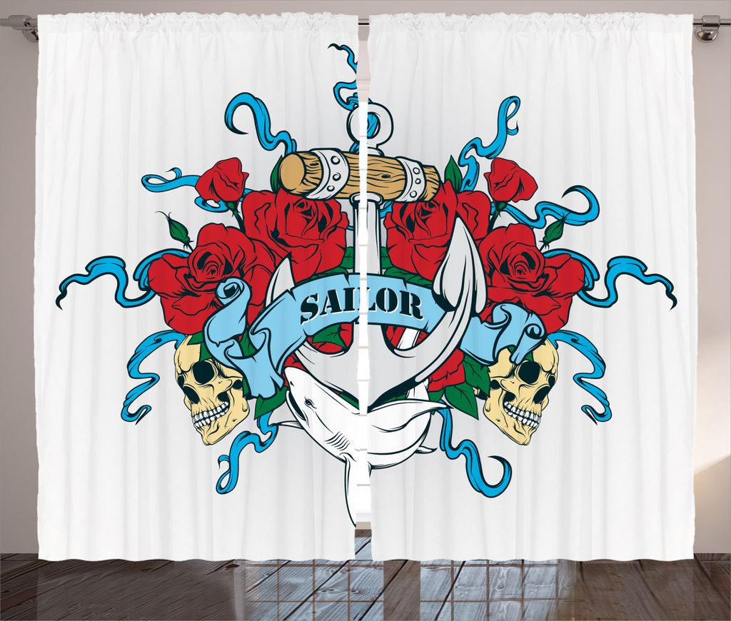 ABAKUHAUS Bunt Rustikaler Vorhang, Anchor Knochen Skeleton, Wohnzimmer Universalband Gardinen mit Schlaufen und Haken, 280 x 245 cm, Red Blue Sand ...