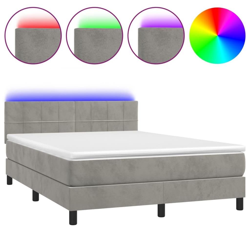 vidaXL Boxspringbett mit Matratze & LED Hellgrau 140x190 cm Samt