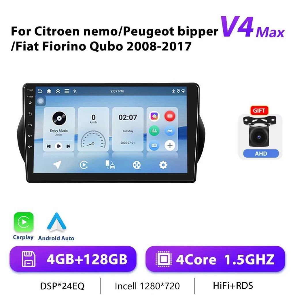 Android Autoradio für Fiat Fiorino/Qubo 2008–2017 - 2-DIN - 25,4 cm Touchscreen - 4G LTE - 6 GB RAM 128 GB ROM - Android 11 - 1,5 GHz - RDS/GPS,...