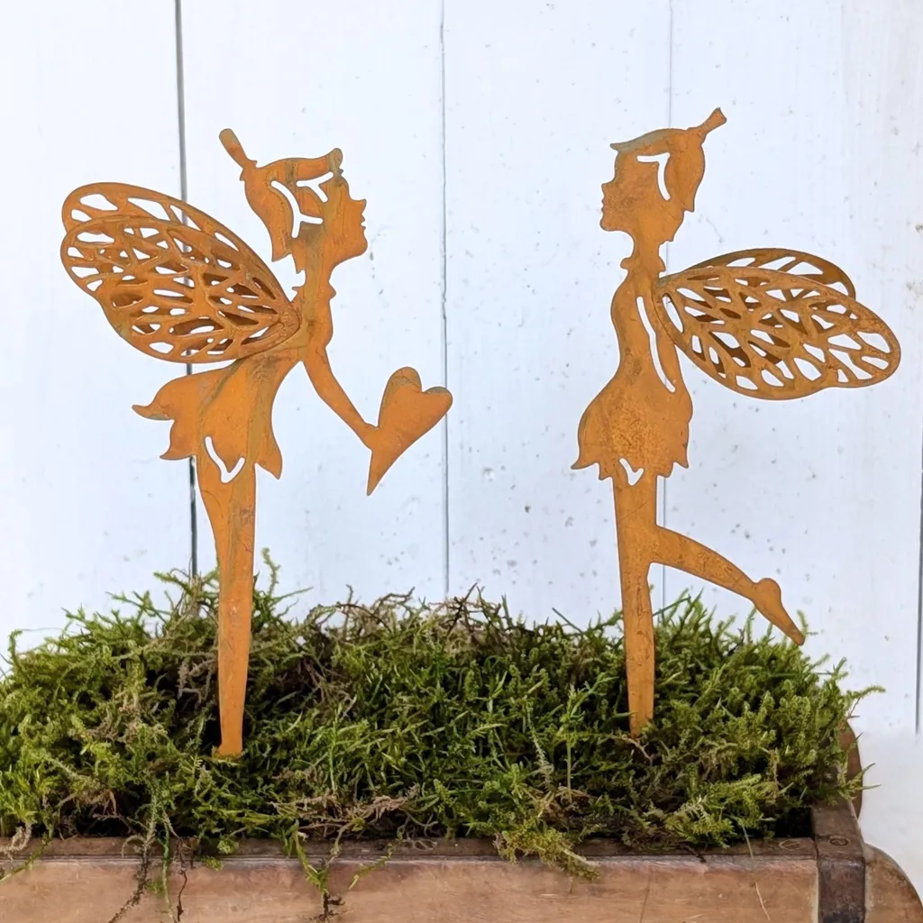 Fée du jardin en métal rouillé pour pot de fleurs, lot de 2, haut 23 cm