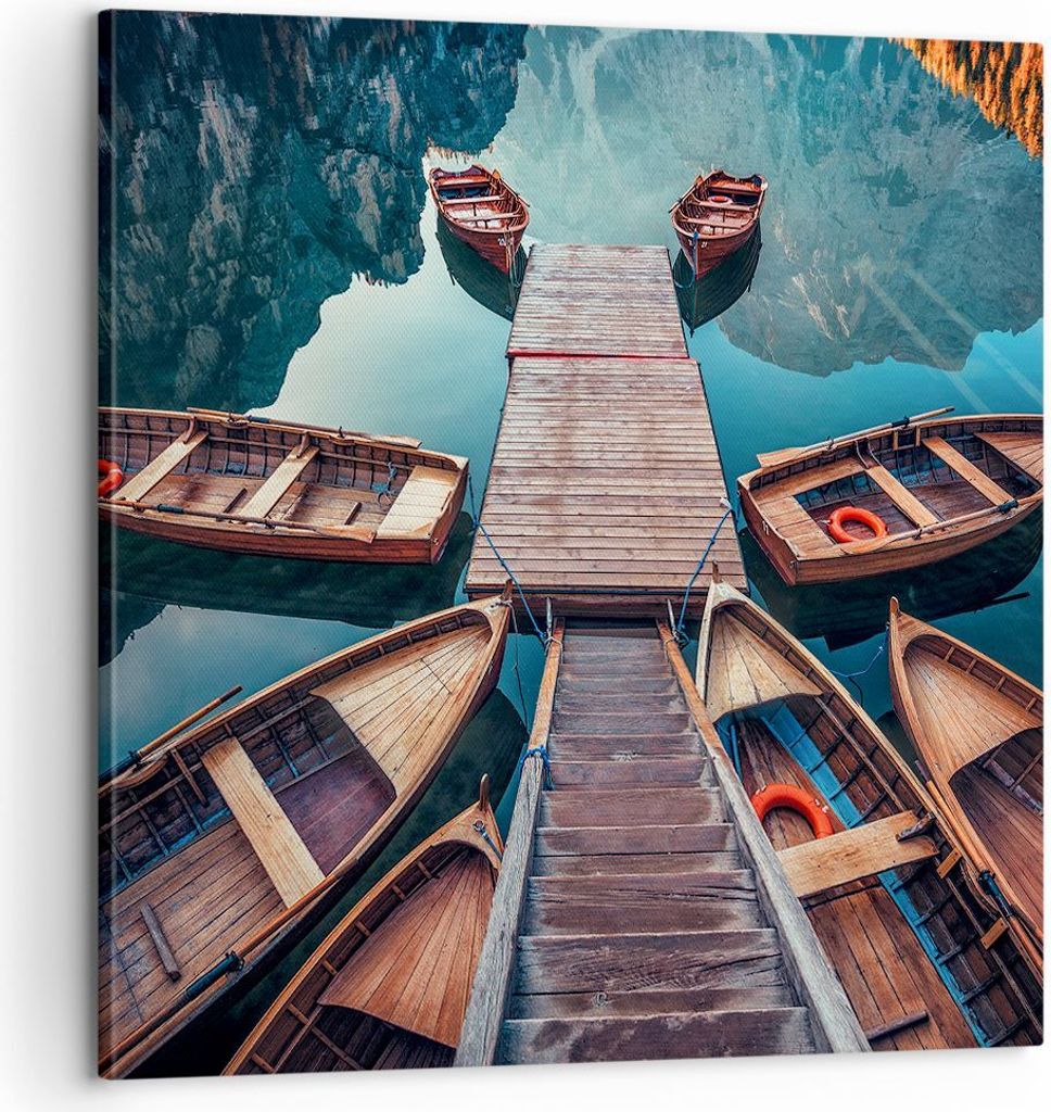Bild auf Leinwand - Leinwandbild - Berge Boot Wasser - 60x60cm - Wand Bild - Wanddeko - Wandbilder - Leinwanddruck - Bilder - Kunstdruck - Wanddeko...