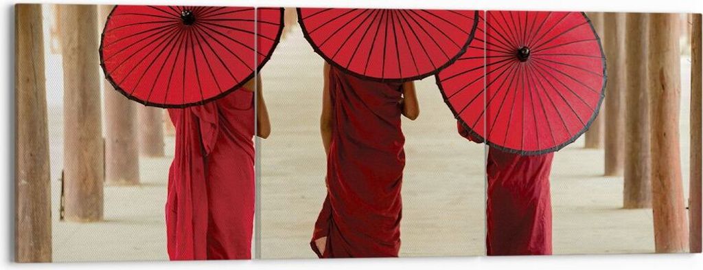 Bild auf Leinwand - Leinwandbild - 3 Teile - Bhutan Regenschirm Rot - 150x50cm - Wand Bild - Wanddeko - Wandbilder - Leinwanddruck - Bilder - Wandd...