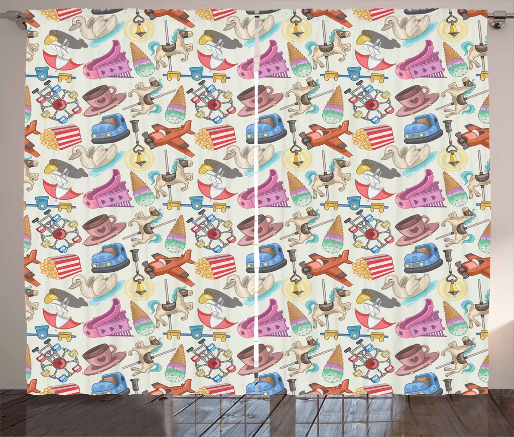 ABAKUHAUS Tenda rustica da circo, tema parco giochi per bambini, tenda con nastro arricciato per camera da letto con passanti e ganci, 280 x 245 cm, multicolore