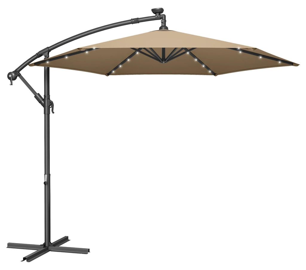 Garten Ampelschirm - Hängender Sonnenschirm 3 m mit Ständer - UPF 50+ UV-Schutz - 32 solarbetriebene LED-Lampen - Kurbelbedienung - Gelb