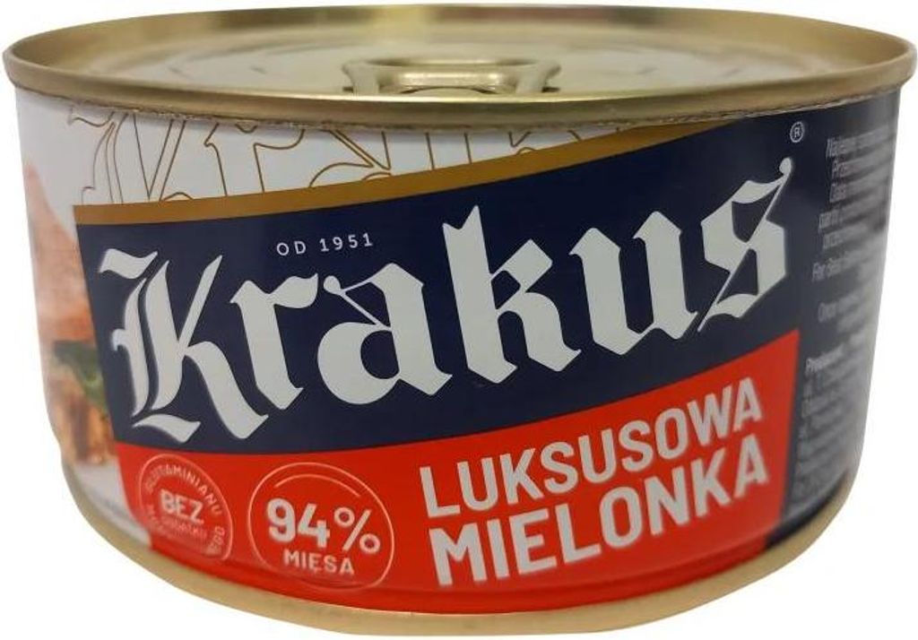 A close-up view of a metal can of Krakus Luksusowa Mielonka.