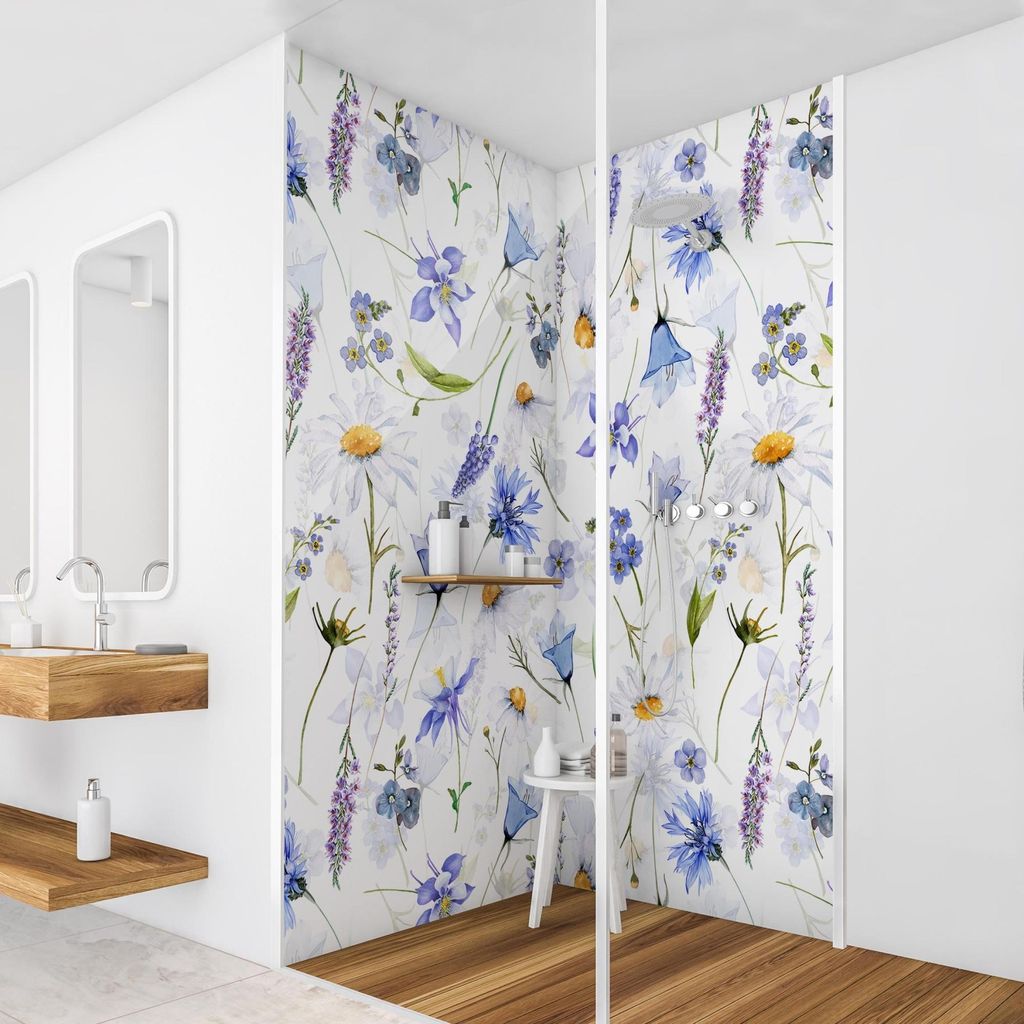 Duschrückwand Muster selbstklebend - 0.35 mm Wandpaneel wasserfest Blumenmuster blau Badrückwand fugenlos Smart matt 80x210 cm