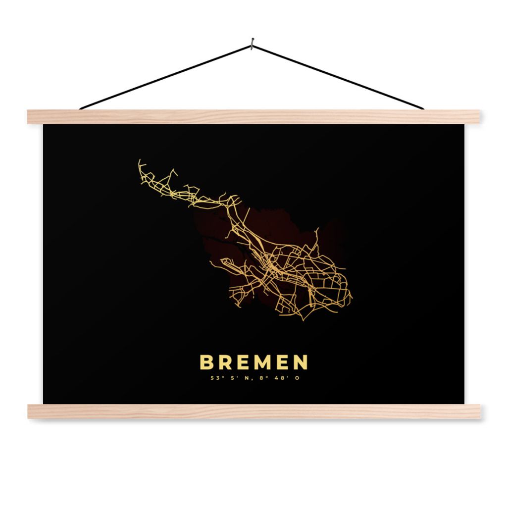 MuchoWow Textilposter Bremen - Gold - Karte - Stadtplan 150x100 cm mit holzfarbenen Rahmen - Posters