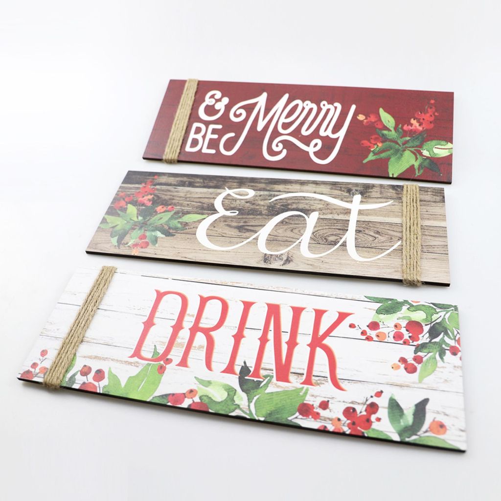 3-teiliges Weihnachts-Holzschild „Be Merry & Eat Drink“-Muster für die Vordertür für die Wand-Party-Dekoration