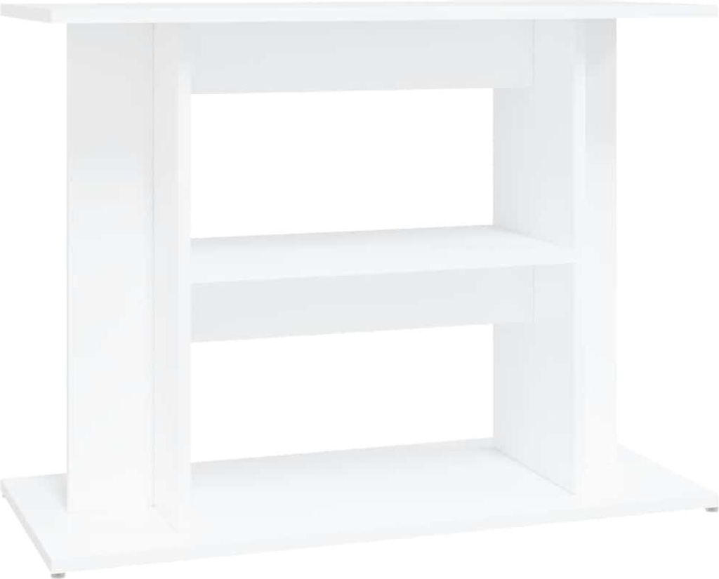 A white aquarium stand with two shelves, shown from the front.