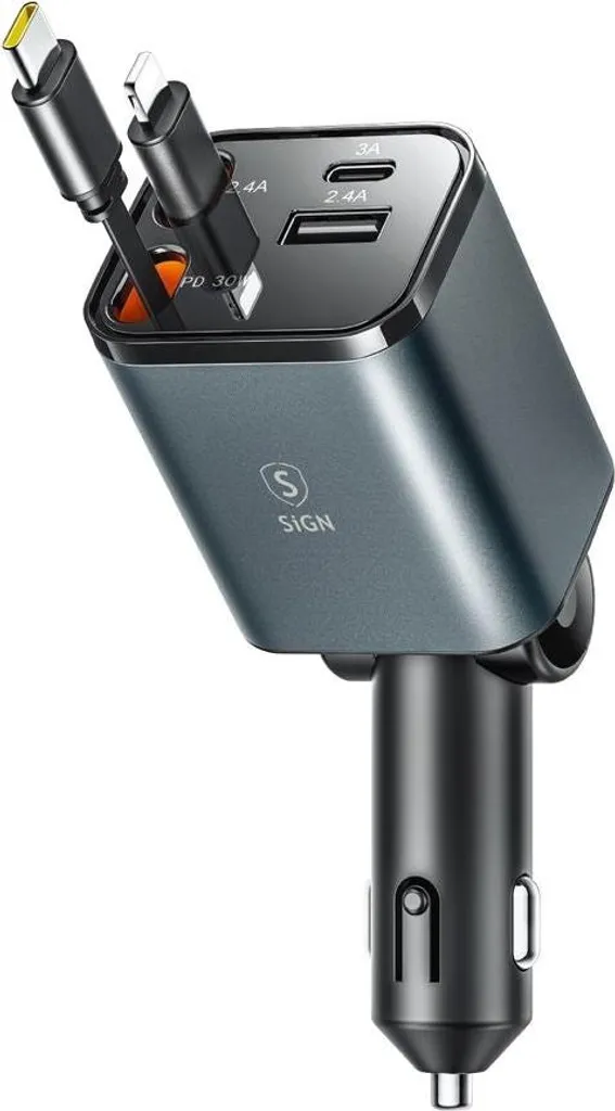 Chargeur Voiture 4-en-1 Sign 30W avec Câbles USB-C et Lightning Rétractables