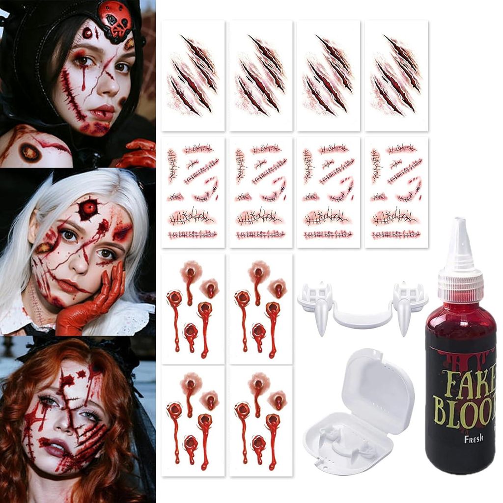 Halloween-Make-up-Set Tattoos Abwaschbar Kunstblut und Vampir-Zähne