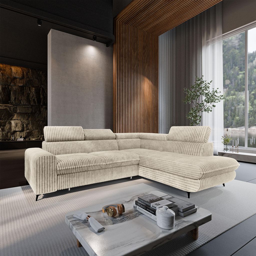 Masseno Ecksofa VELISS mit Schlaffunktion L-Form, Sofa mit Bettkasten, Wohnzimmersofa, Couch, Soffa, Bettsofa, Couchgarnitur- Creme, TILIA 03