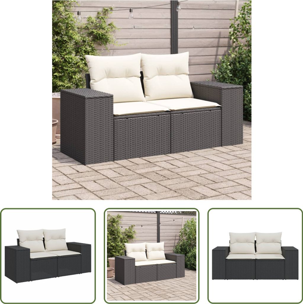 The Living Store Gartensofa mit Kissen 2-Sitzer Schwarz Poly Rattan