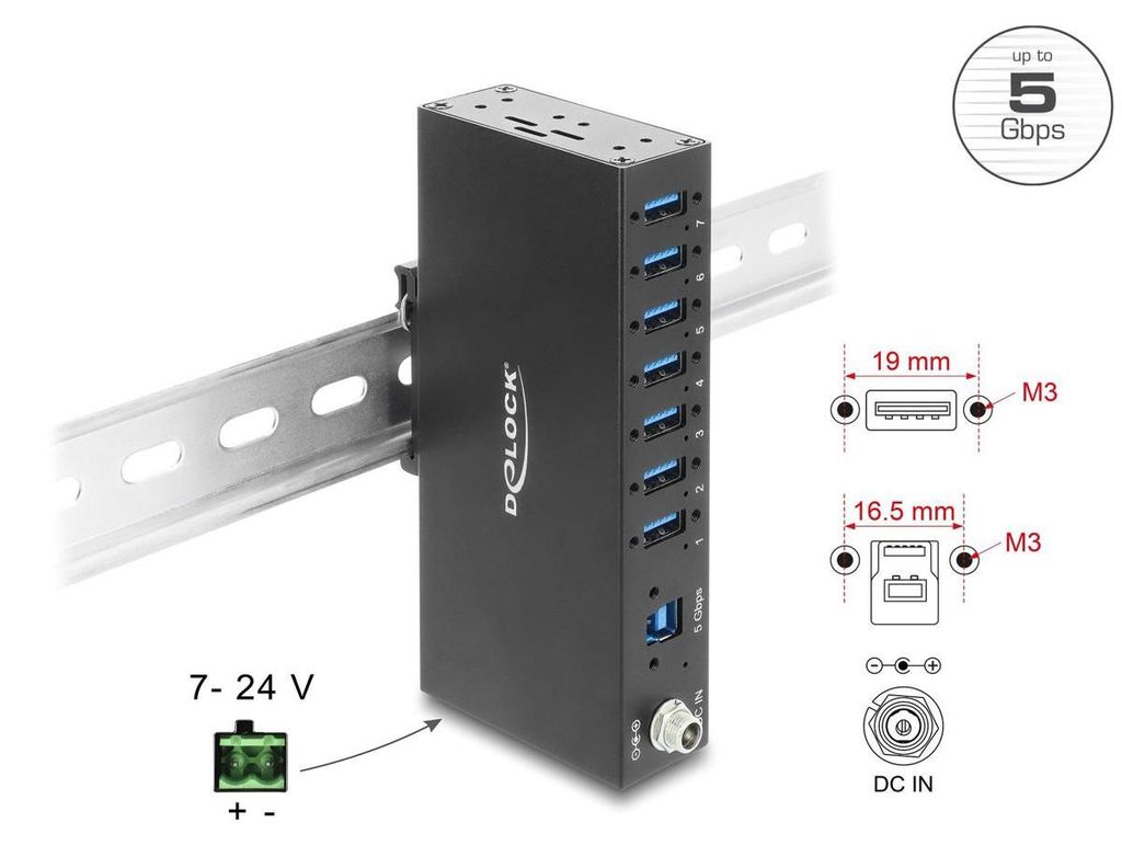 DELOCK Industrie Hub USB 5 Gbps 7x USB-A mit 8 kV ESD Schutz
