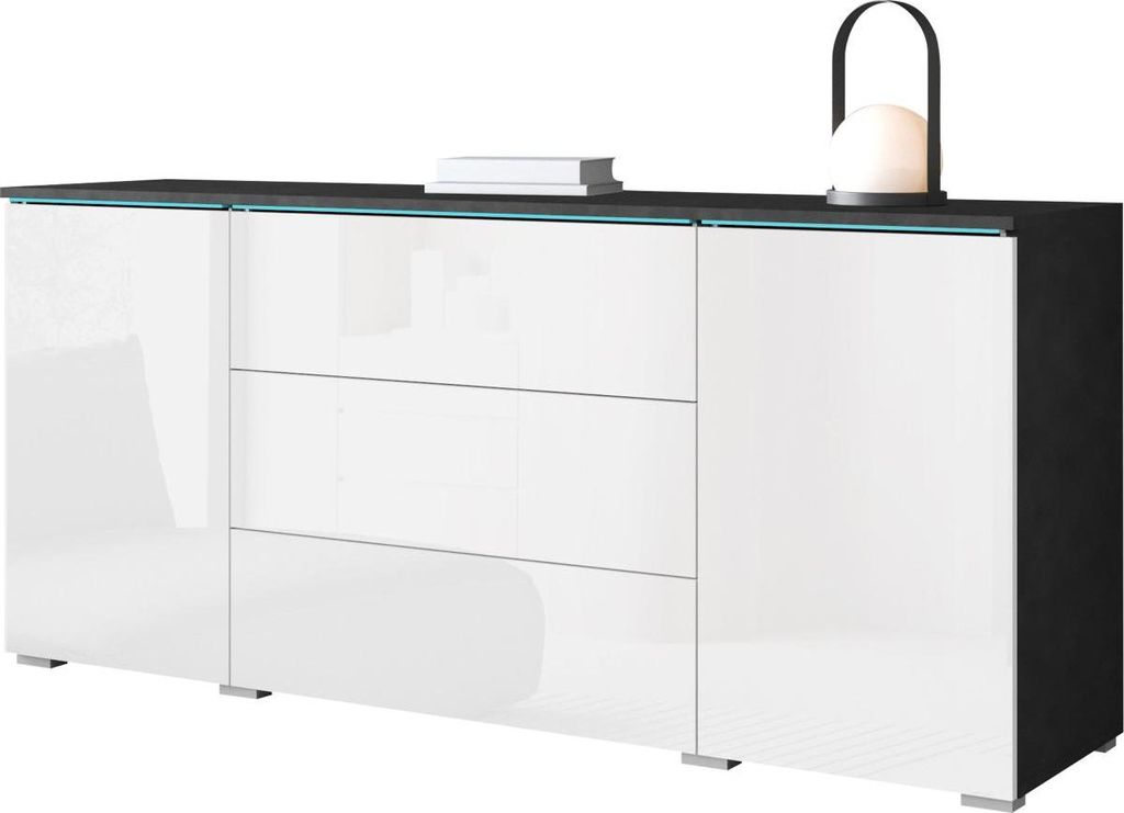 MIRJAN24 Kommode Vera, Griffloses Öffnungssystem, Sideboard, Stilvoll Highboard Schrank (Farbe: Matera / Weiß Hochglanz, mit RGB LED Beleuchtung)