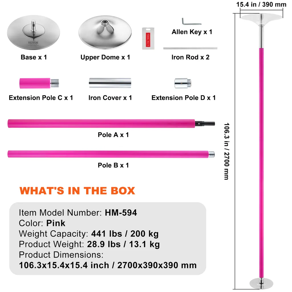 Barre de Pole Dance Portable Rose - Kit de Danse Verticale Amovible - 7