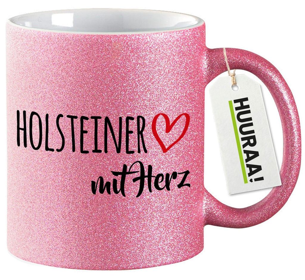 Huuraa Glitzertasse Holsteiner mit Herz 330ml Pink Keramik Kaffeebecher Geschenkidee