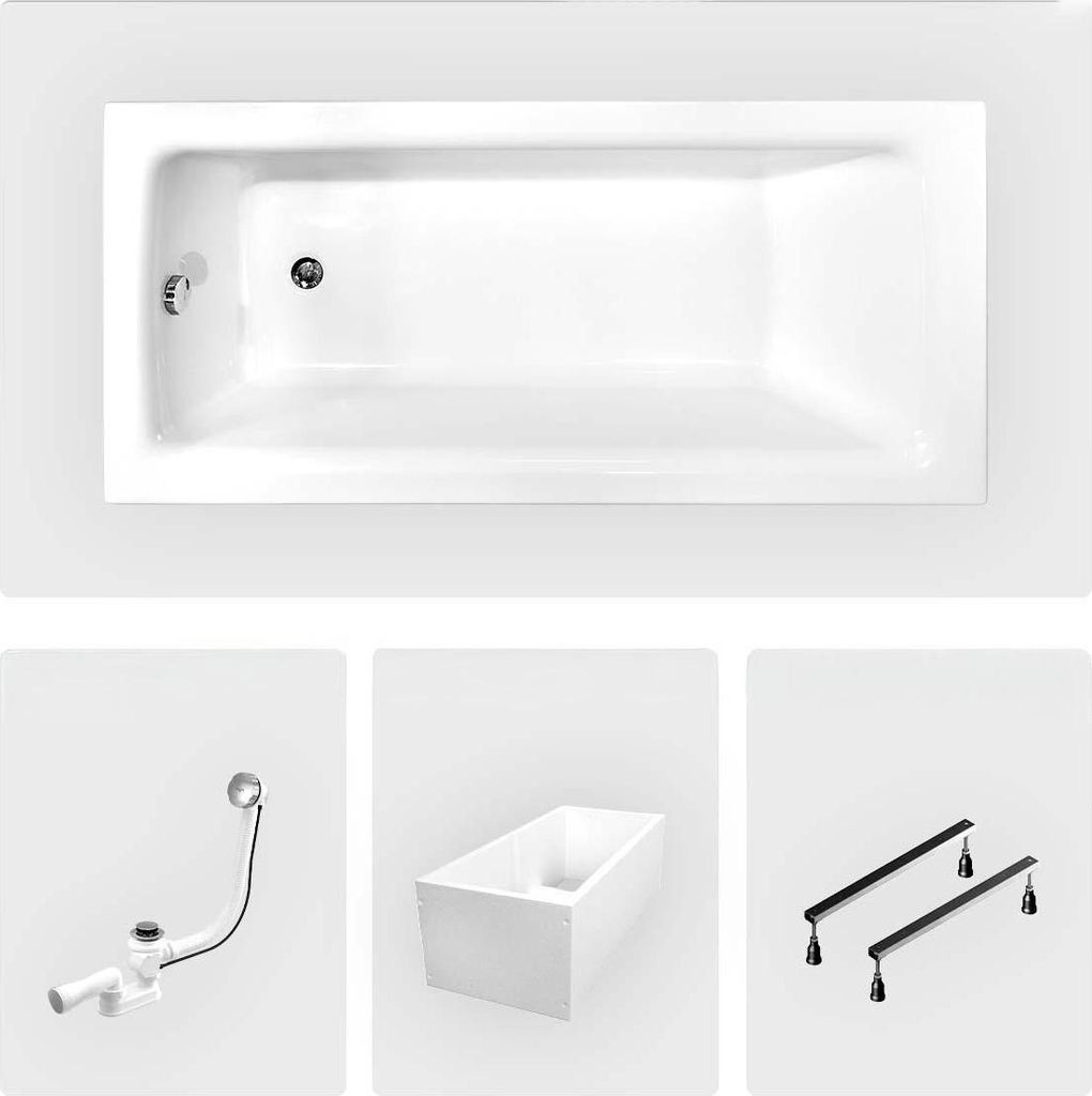 Rechteckige Badewanne - 120 x 70 cm - mit Polystyrol-Verkleidung - Füße - Chromablauf - TALIA