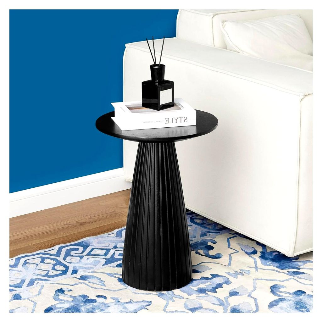 Runder Beistelltisch, Kleiner Tisch, Couchtisch, Moderner Wohnzimmertisch für Wohnzimmer und Schlafzimmer, Geriffelte Säulenbasis, Schwarz