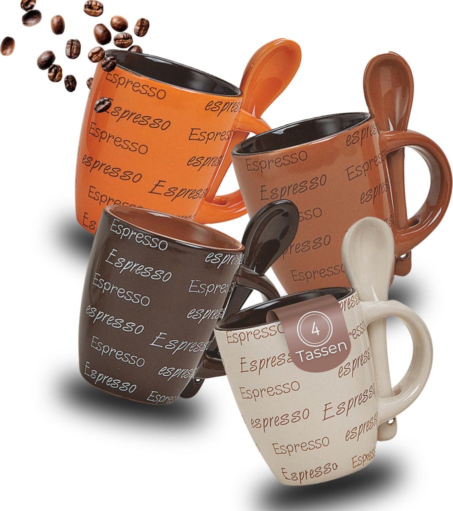 Espresso-Tassen mit Löffel 4er Set dickwandige Keramik, 50 ml