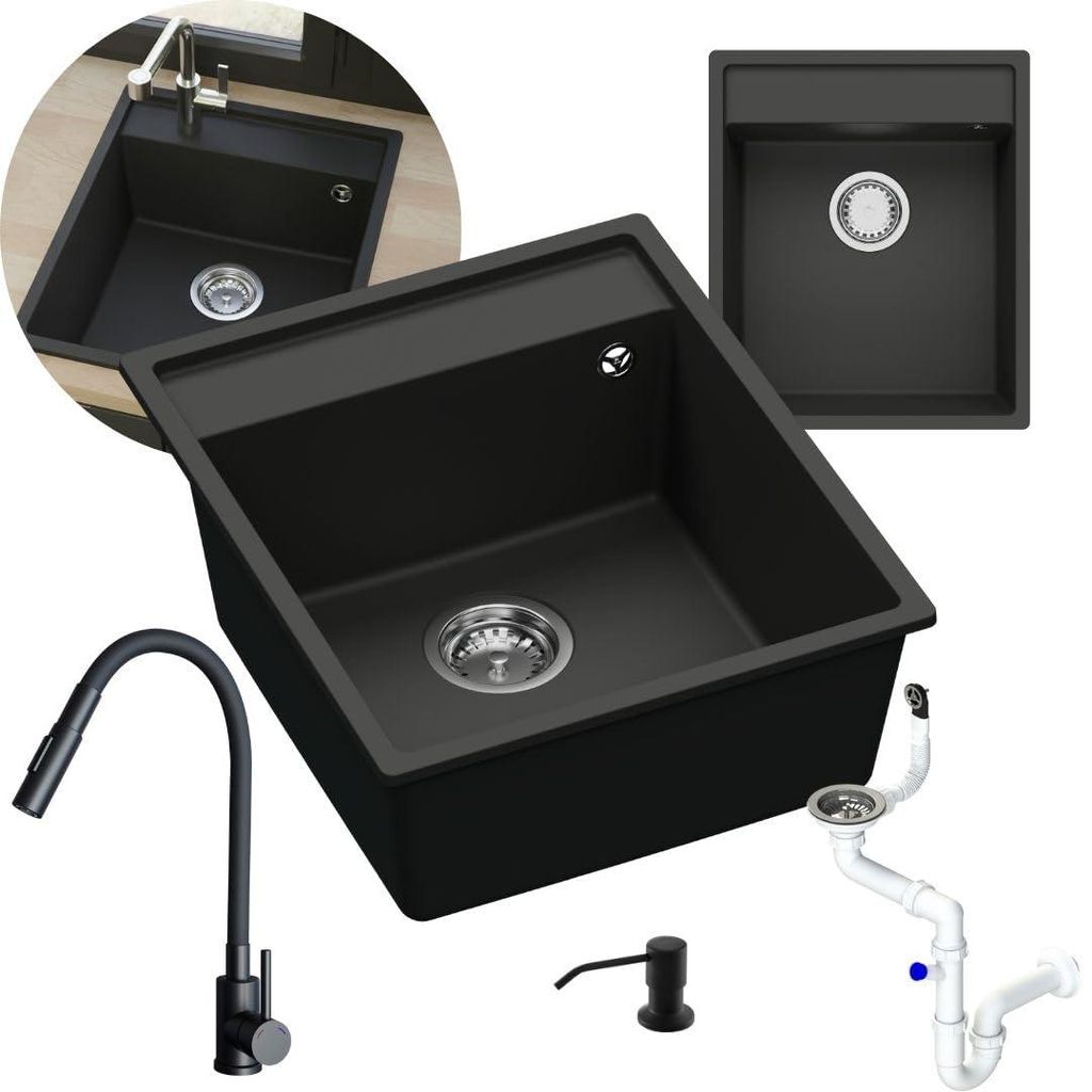 GRANMASTER Magma Granitspülbecken Komplett-Set Flexiblen DUAL Wasserhahn, Siphon, Seifenspender – 1-komoriger Spülbecken kratzfest hitzebeständig