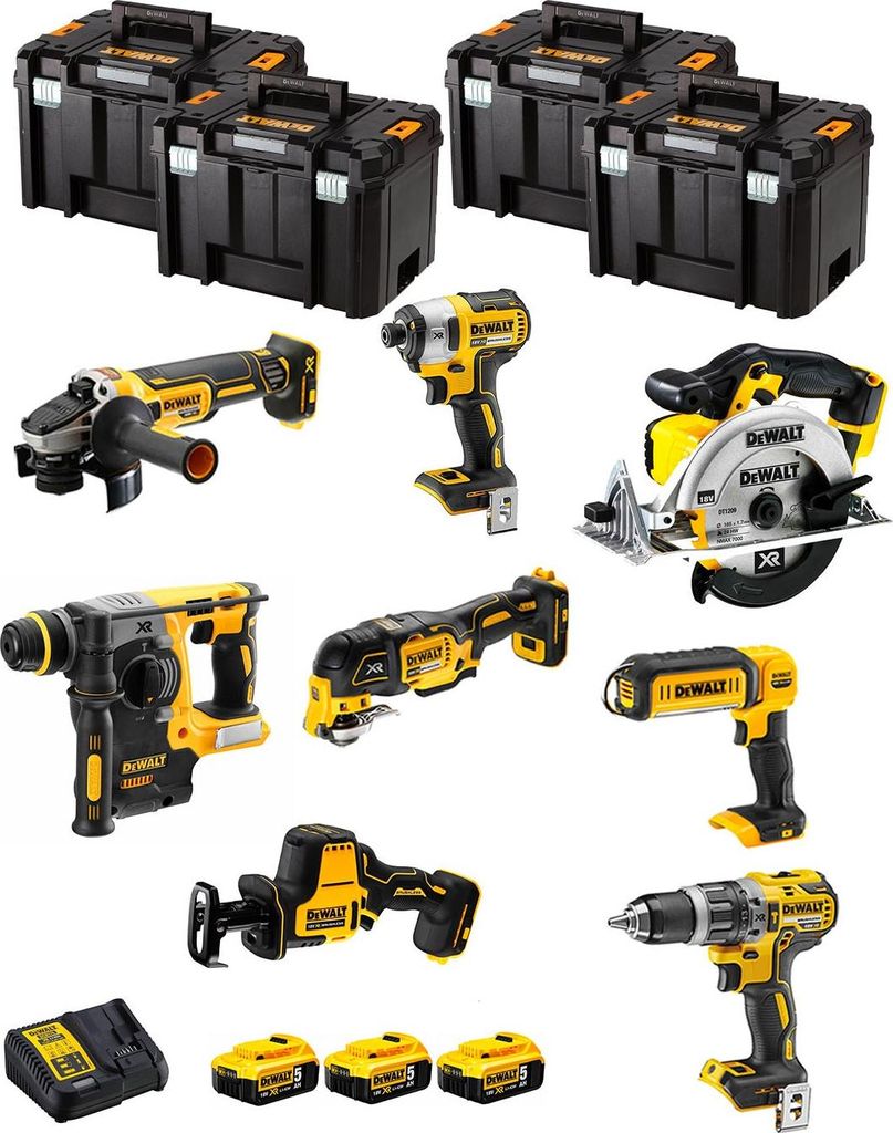 DeWALT Kit DWK802T (DCD796 + DCH273 + DCG405 + DCF887 + DCS355 + DCS369 + DCS391 + DCL050 + 3 x 5,0 Ah + DCB115 + 4 x TSTAK VI)
