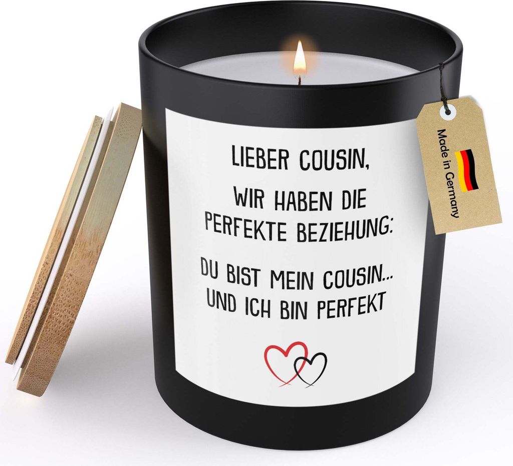 22Feels Cousin Geschenk Jungs Männer Spruchkerze "Perfekte Beziehung" Sojawachs Kerze im Glas Abitur Geburtstag Weihnachten Du Wirst Handgemacht m...
