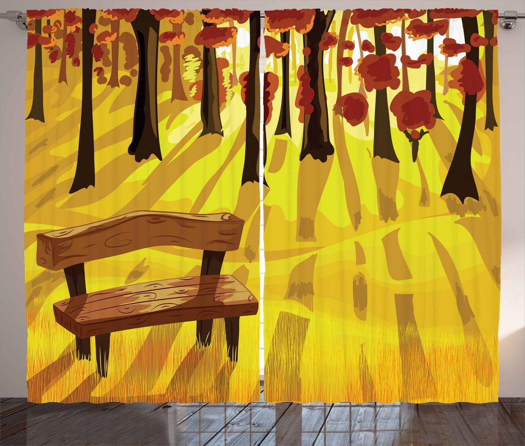 ABAKUHAUS Wald Rustikaler Gardine, Cartoon Baum und Bank, Schlafzimmer Kräuselband Vorhang mit Schlaufen und Haken, 280 x 175 cm, Burnt Sienna Gelb