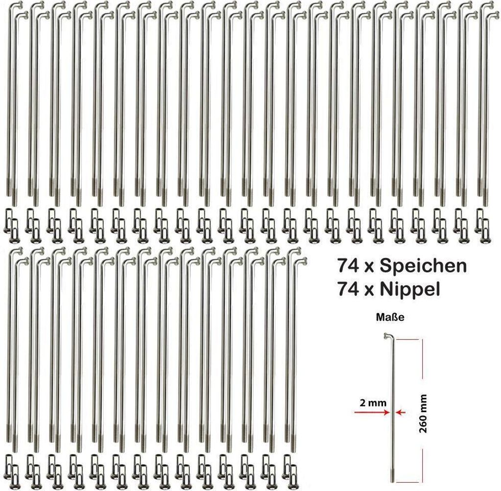74 Stück Speichen 260mm VERZINKT 2mm inkl. Messing Speichennippel
