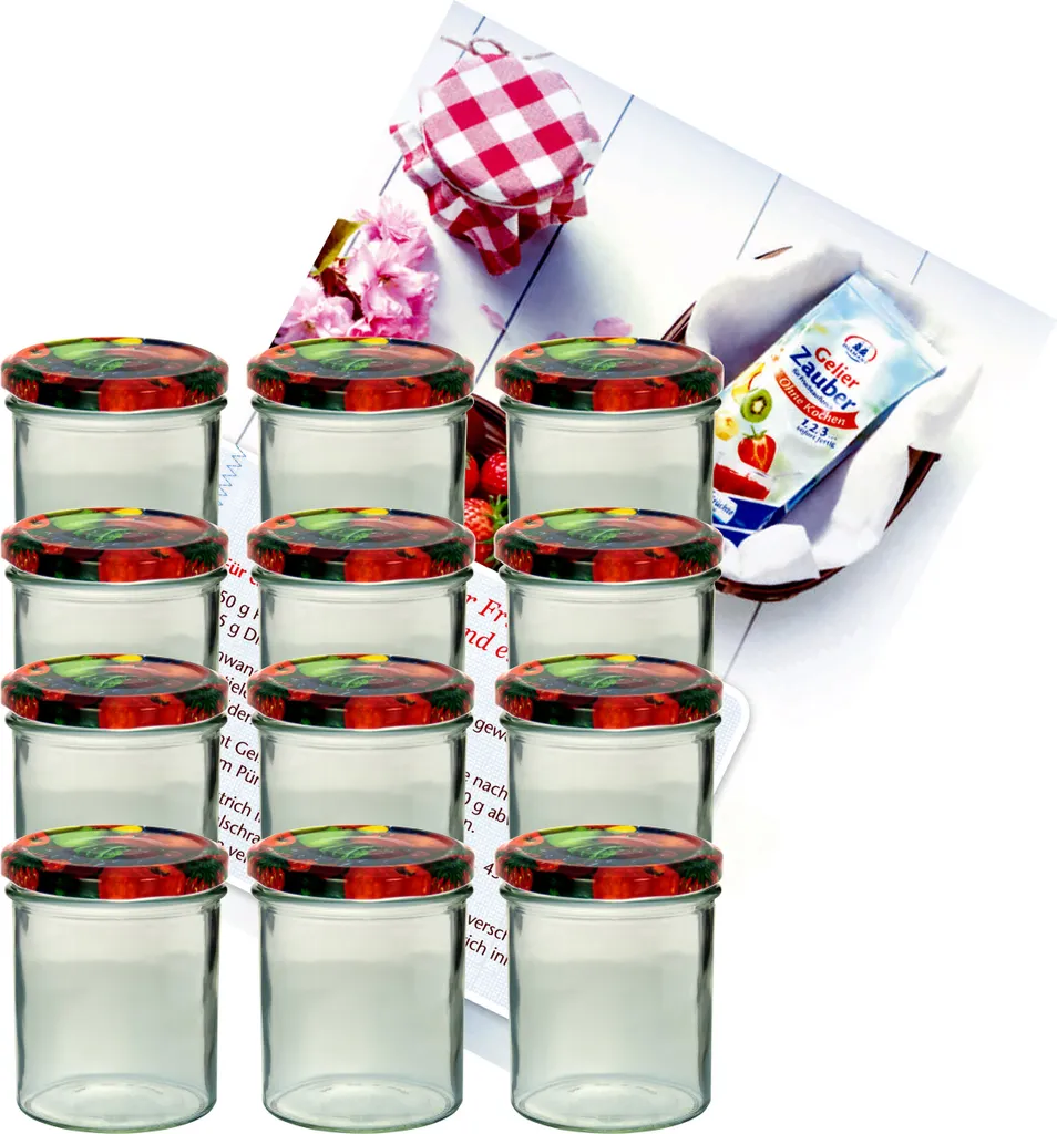 Set 12 Barattoli Vetro 350ml Coperchi Frutta A82 e Ricettario Diamant